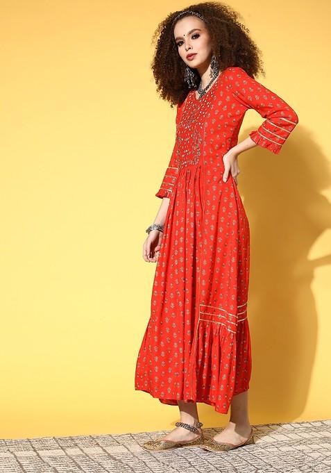 Red Ethnic Motifs Sequin Embroidered A Line Maxi Dress