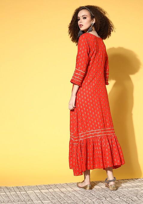 Red Ethnic Motifs Sequin Embroidered A Line Maxi Dress