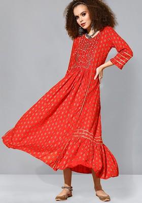 Red Floral Print Gota Patti Embroidered A Line Cotton Ethnic Dress