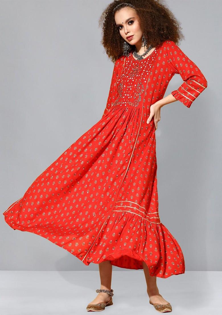 Red Floral Print Gota Patti Embroidered A Line Cotton Ethnic Dress