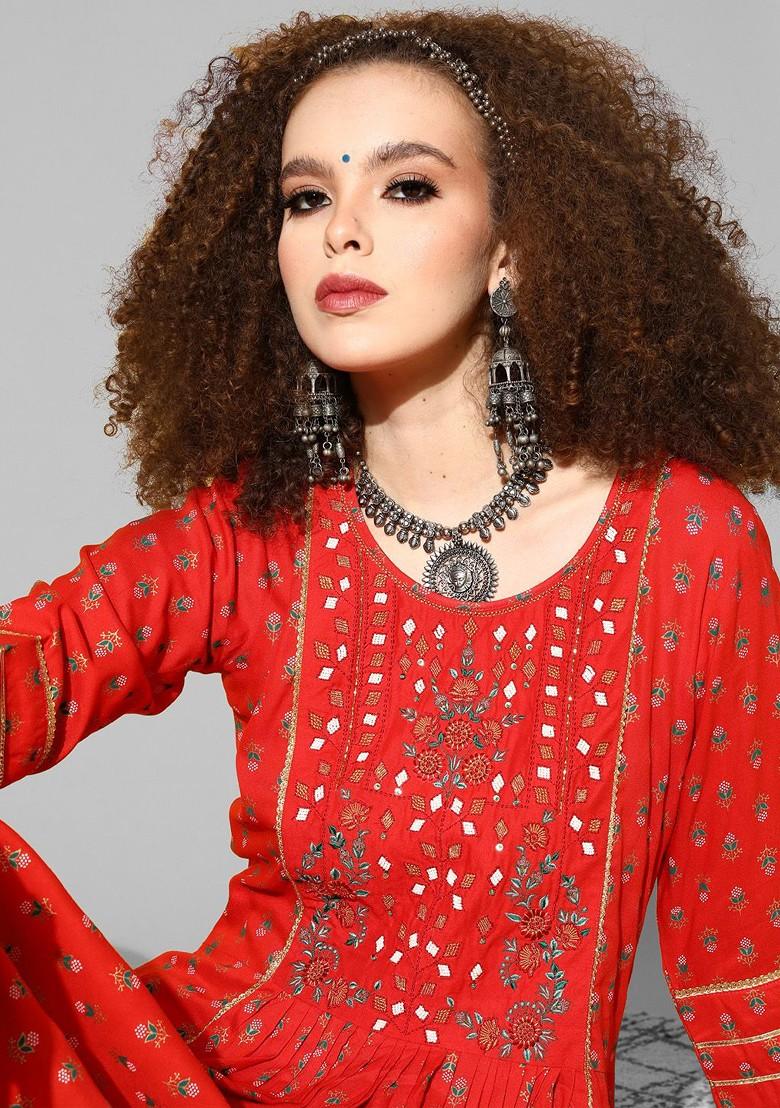 Red Floral Print Gota Patti Embroidered A Line Cotton Ethnic Dress