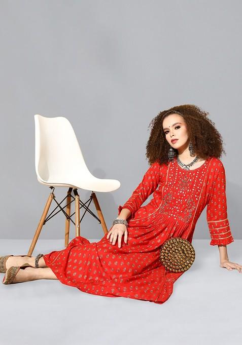 Red Floral Print Gota Patti Embroidered A Line Cotton Ethnic Dress