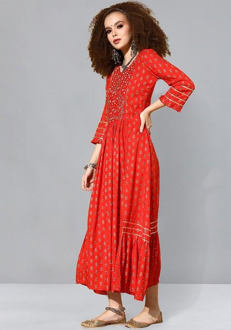 Red Floral Print Gota Patti Embroidered A Line Cotton Ethnic Dress