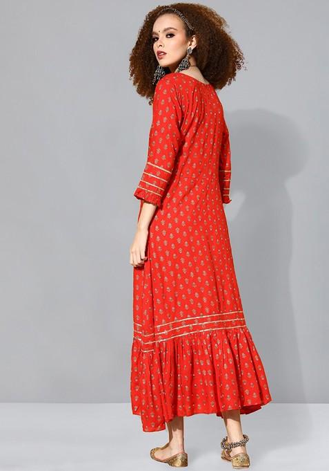Red Floral Print Gota Patti Embroidered A Line Cotton Ethnic Dress