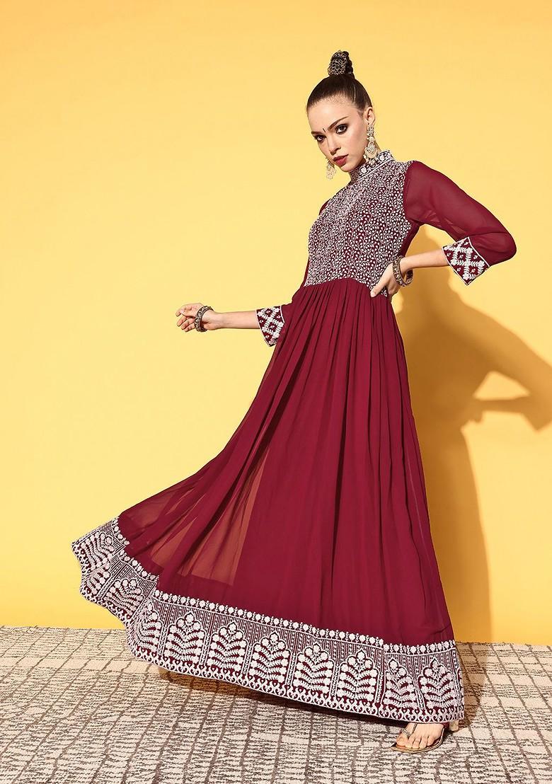 Maroon Floral Gown With Dupatta