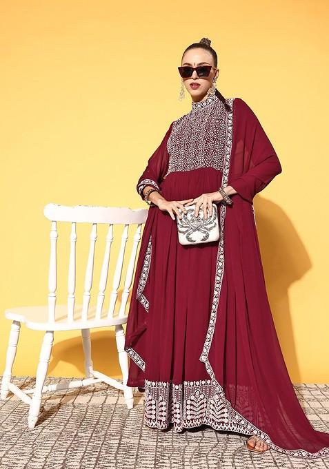 Maroon Floral Gown With Dupatta