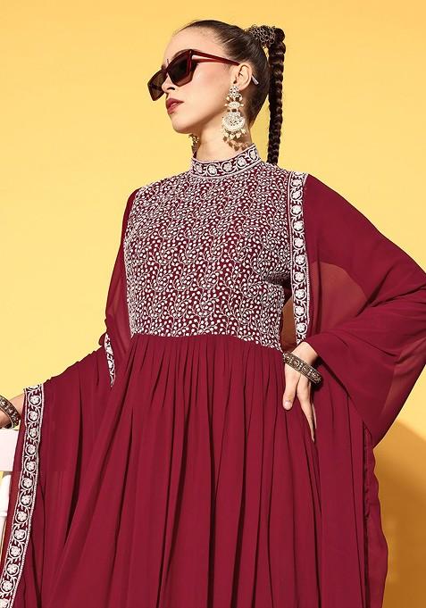 Maroon Floral Gown With Dupatta