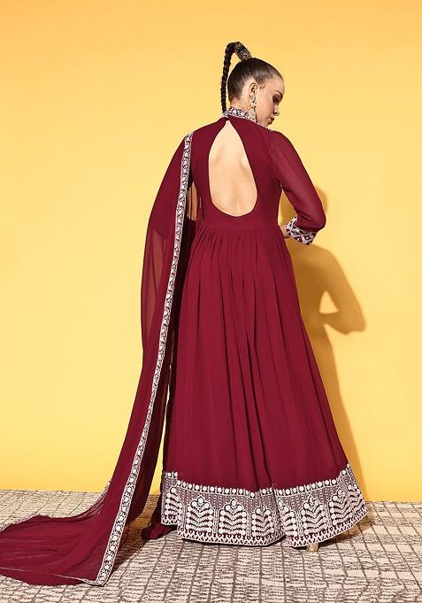 Maroon Floral Gown With Dupatta