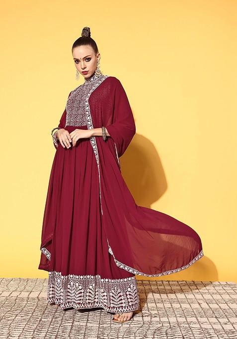 Maroon Floral Gown With Dupatta