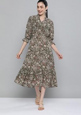 Olive Green And Beige Floral Georgette A Line Midi Dress