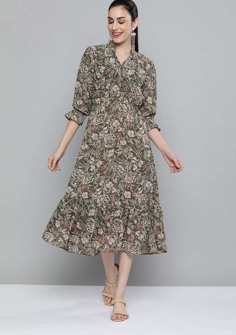 Olive Green Floral Print Georgette Gown for Diwali and Festive Wear - Indya