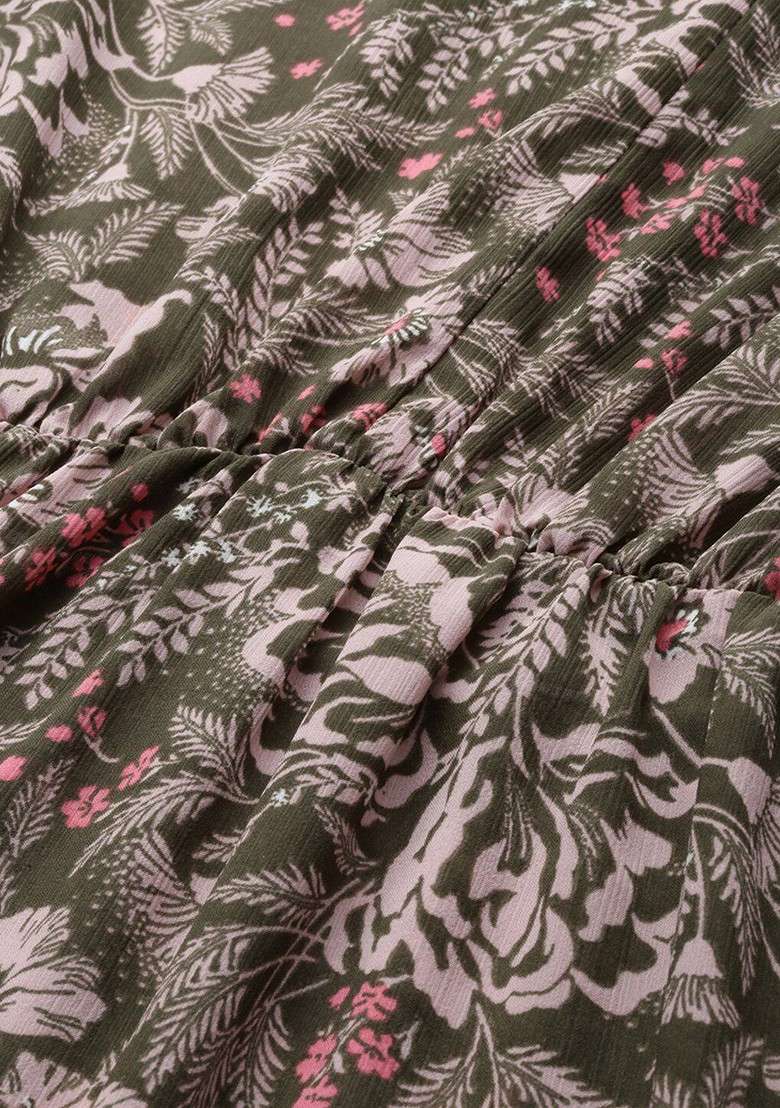 Olive Green Floral Print Georgette Gown for Diwali and Festive Wear - Indya