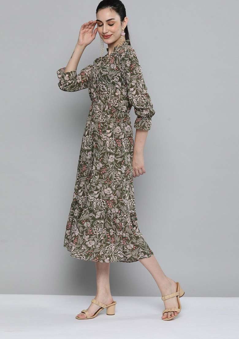 Olive Green Floral Print Georgette Gown for Diwali and Festive Wear - Indya