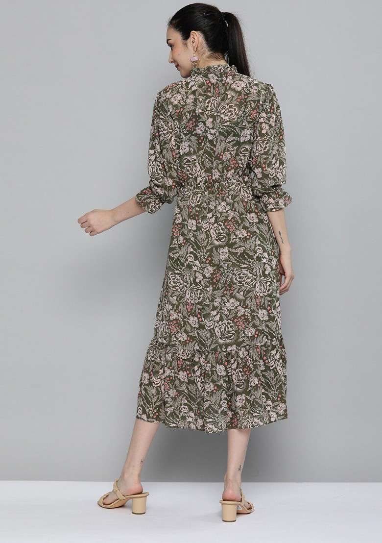 Olive Green Floral Print Georgette Gown for Diwali and Festive Wear - Indya