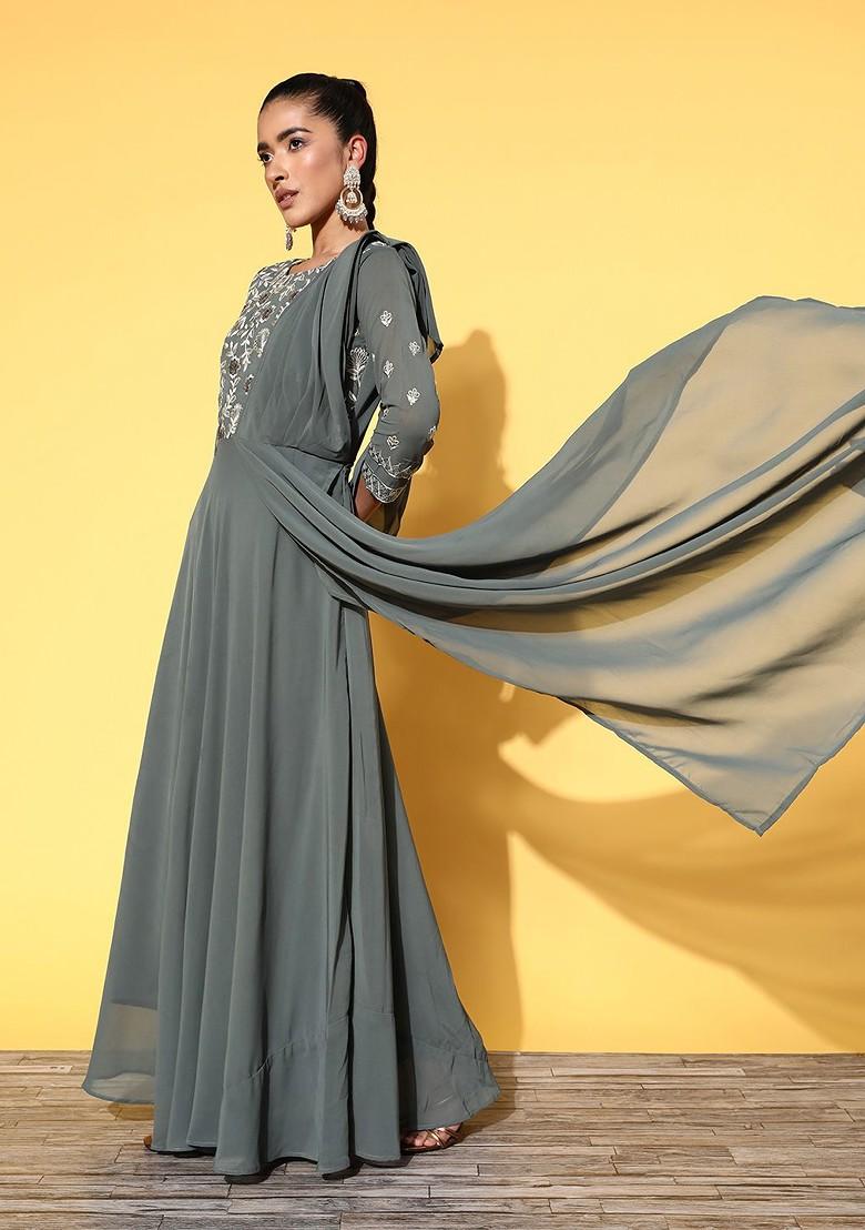 Grey Floral Embroidered Georgette Draped Gown