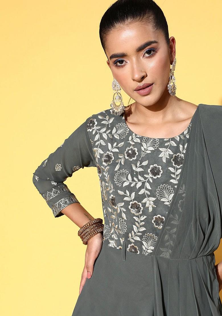 Grey Floral Embroidered Georgette Draped Gown