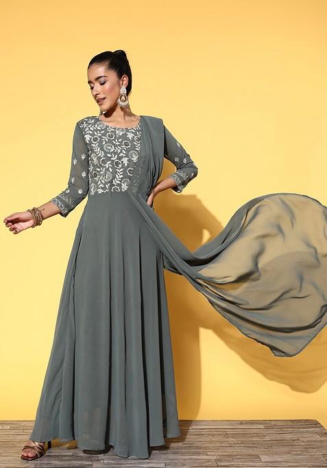 Grey Floral Embroidered Georgette Draped Gown