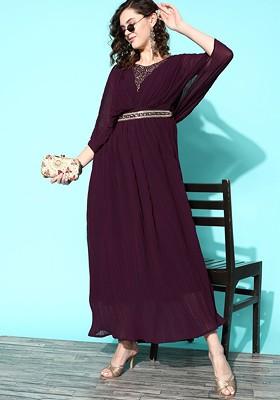 Purple Embellished Georgette Maxi Ethnic Dress