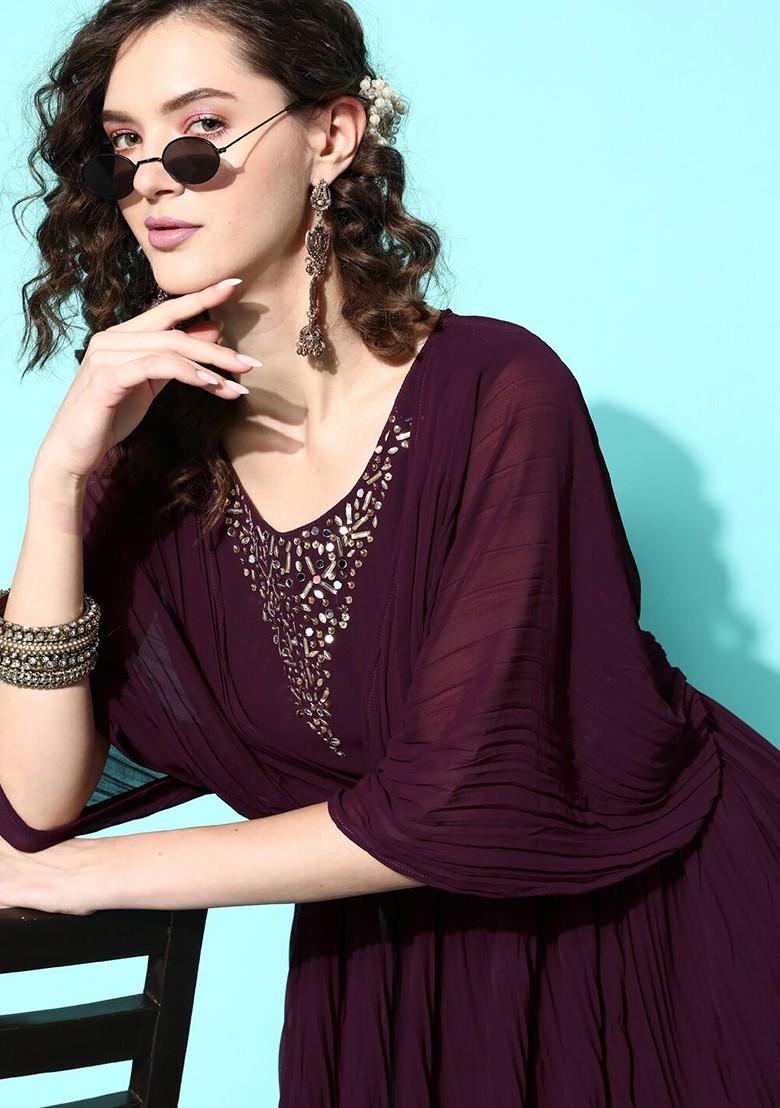 Purple Embellished Georgette Maxi Ethnic Dress