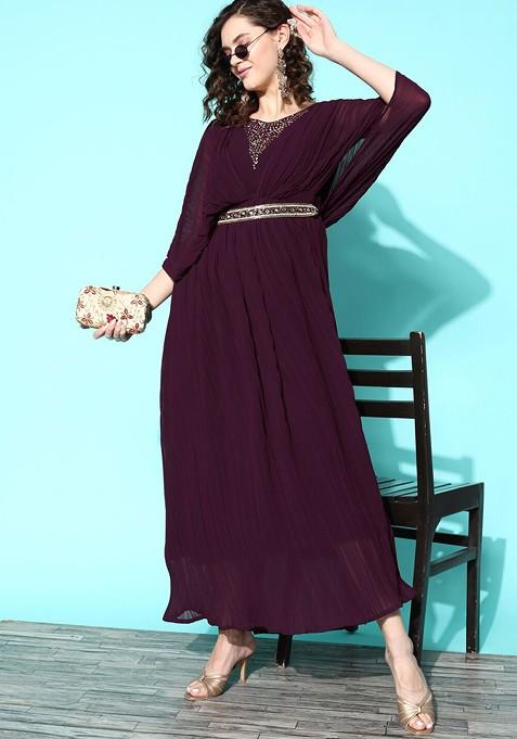 Purple Embellished Georgette Maxi Ethnic Dress