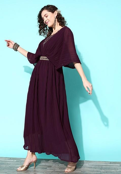 Purple Embellished Georgette Maxi Ethnic Dress