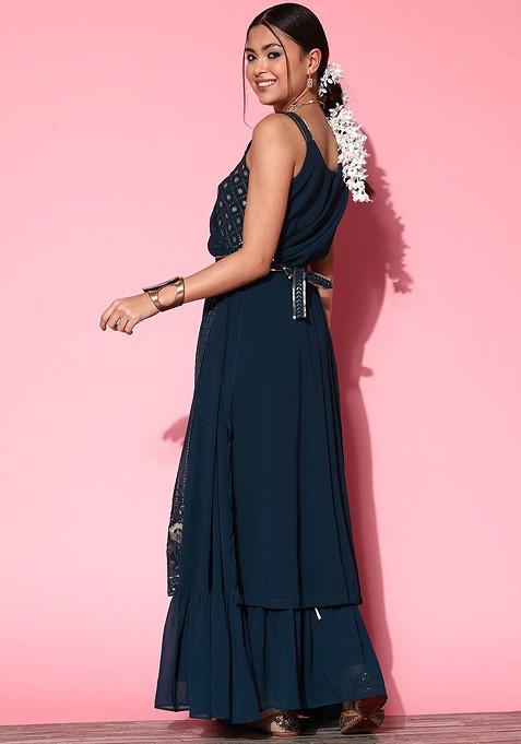 Green Women Embroidered A Line Draped Flared Gown