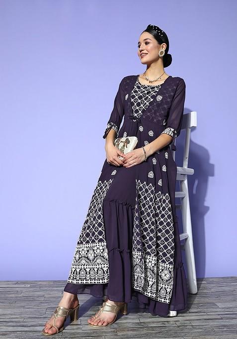 Purple Checked Embroidered Layered Georgette Ethnic Gown