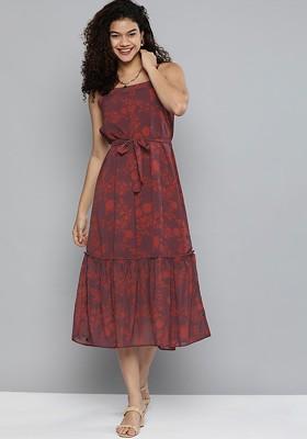 Maroon Floral Georgette A Line Midi Dress