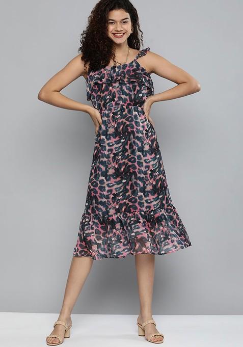 Blue And Multicolour Chiffon A Line Dress