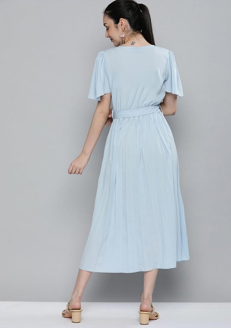 Blue Solid Crepe A Line Midi Dress With Belt - Indya