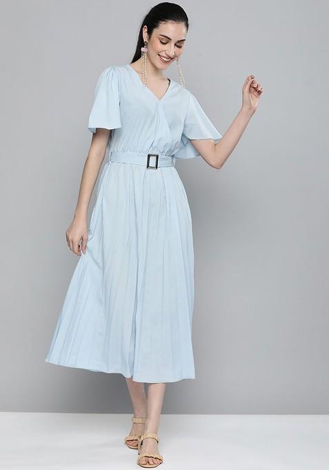 Blue Solid Crepe A Line Midi Dress With Belt