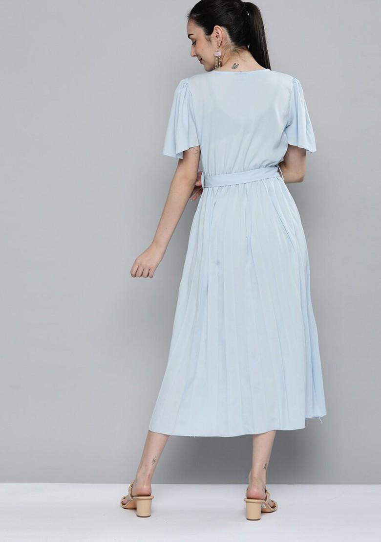 Turquoise Blue Crepe Midi Fit And Flare Dress With Belt