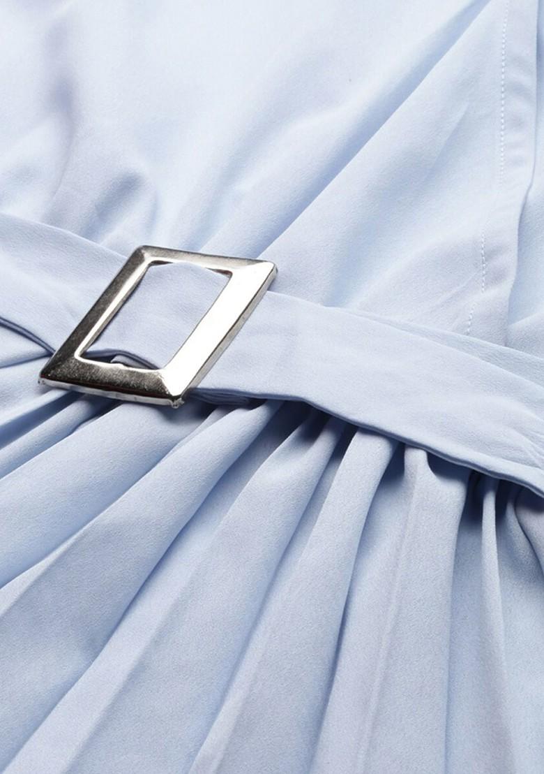 Turquoise Blue Crepe Midi Fit And Flare Dress With Belt