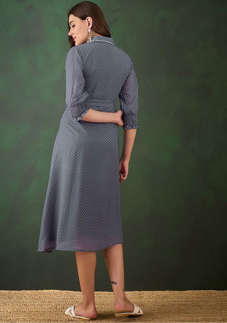 Grey Polka Dot Printed A Line Dress Comes With Belt - Indya