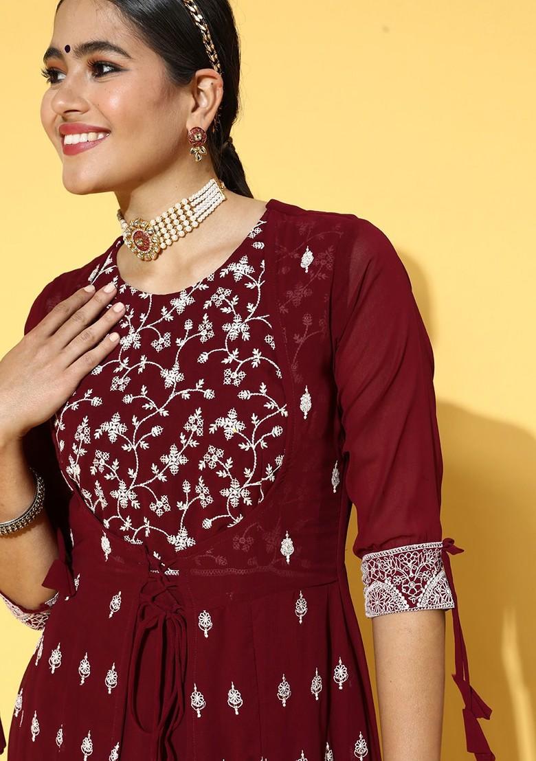 Maroon Ethnic Motifs Embroidered Layered Georgette Maxi Ethnic Dress