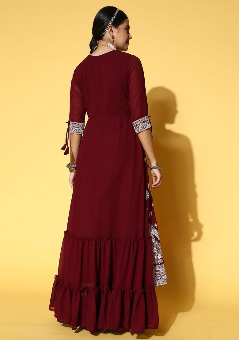 Maroon Ethnic Motifs Embroidered Layered Georgette Maxi Ethnic Dress