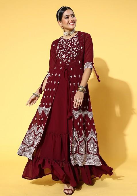 Maroon Ethnic Motifs Embroidered Layered Georgette Maxi Ethnic Dress