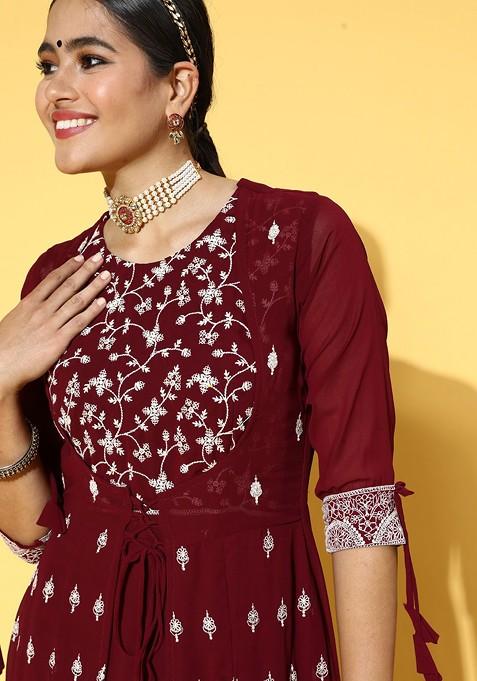 Maroon Ethnic Motifs Embroidered Layered Georgette Maxi Ethnic Dress
