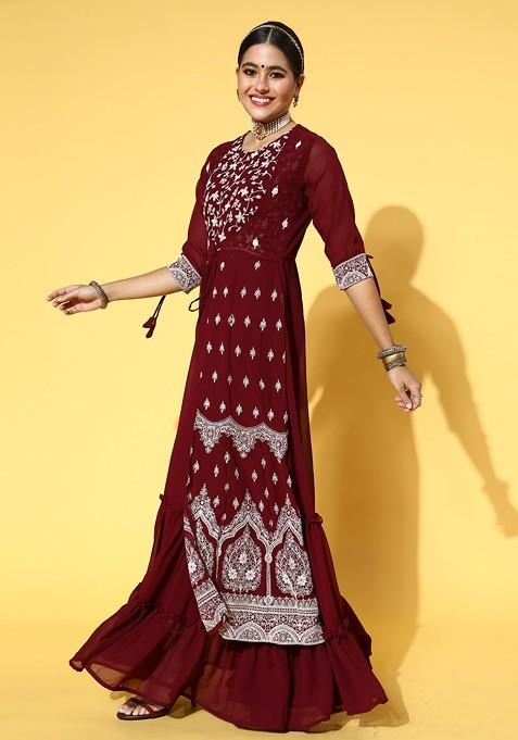 Maroon Ethnic Motifs Embroidered Layered Georgette Maxi Ethnic Dress