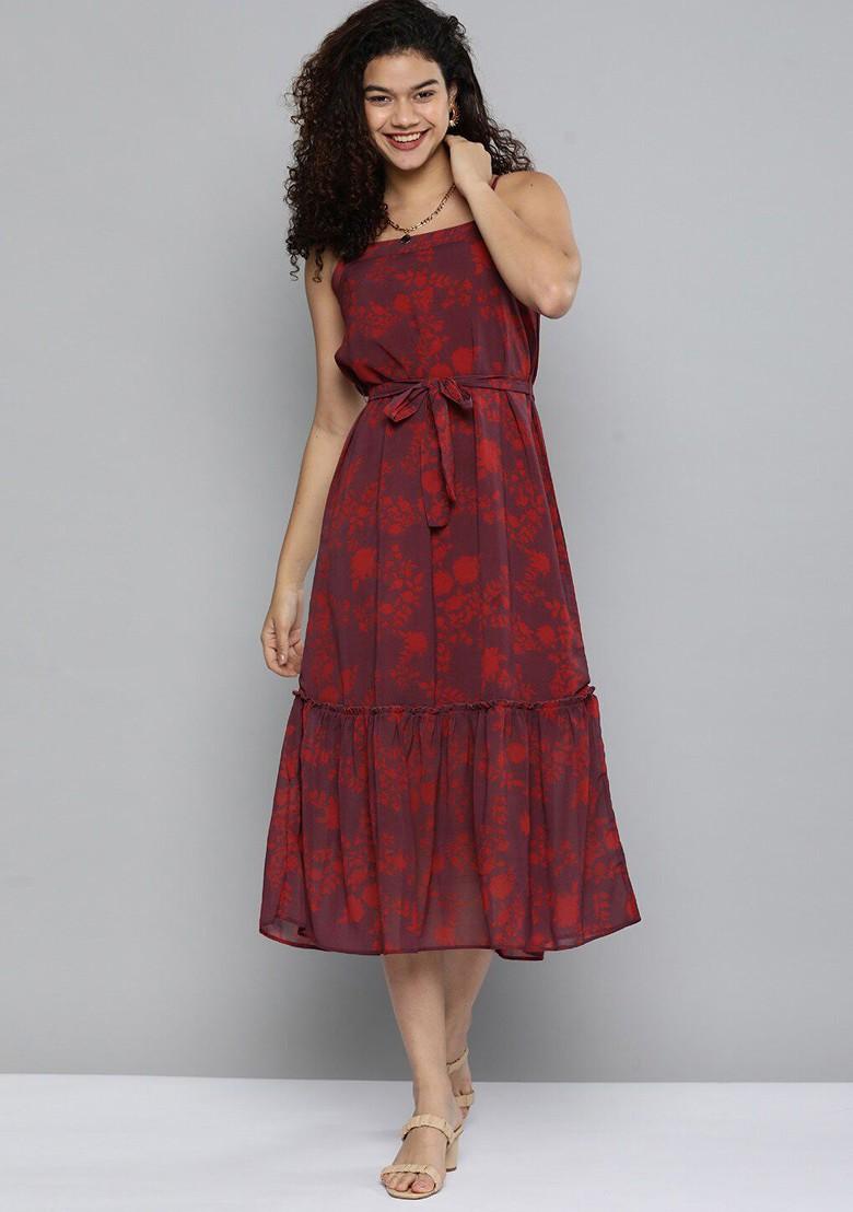 Maroon Floral Print Georgette Sleeveless Midi A Line Dress With Belt