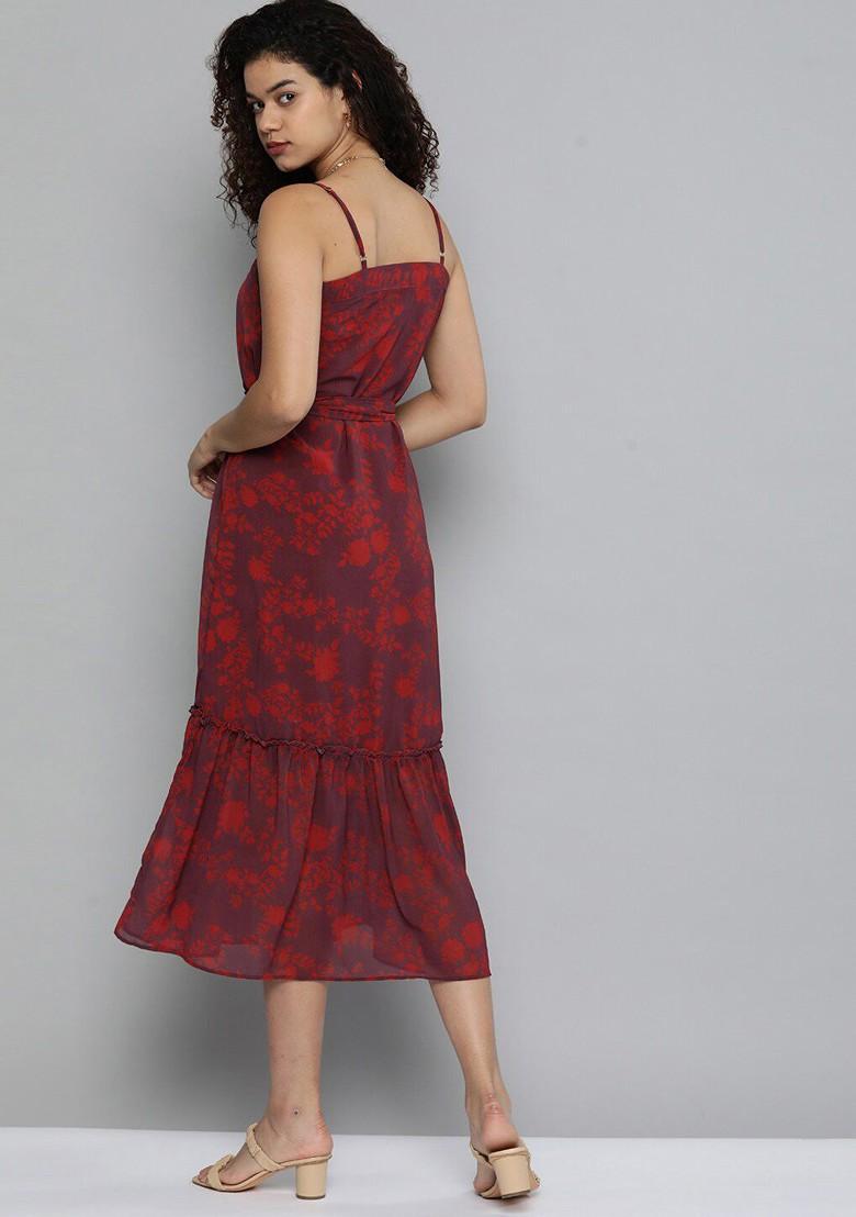 Maroon Floral Print Georgette Sleeveless Midi A Line Dress With Belt