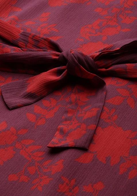 Maroon Floral Print Georgette Sleeveless Midi A Line Dress With Belt