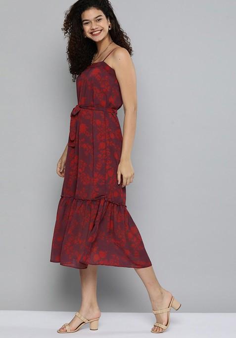 Maroon Floral Print Georgette Sleeveless Midi A Line Dress With Belt