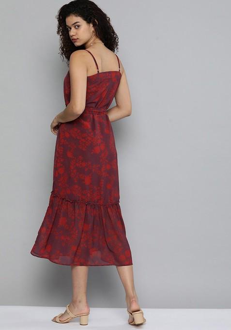 Maroon Floral Print Georgette Sleeveless Midi A Line Dress With Belt