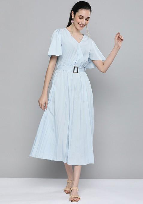 Blue Flared Sleeve Crepe Midi Wrap Dress With Belt