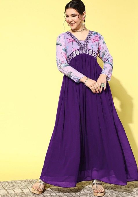 Purple Floral Print Zari Sequin Embroidered Alia Cut Ethnic Dress