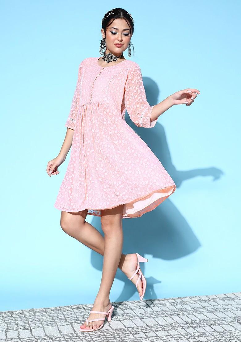 Peach Chikankari Embroidered Georgette Ethnic Dress