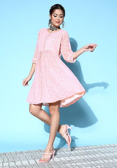 Peach Chikankari Embroidered Georgette Ethnic Dress