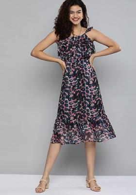 Blue Animal Print Chiffon Sleeveless Midi A Line Dress