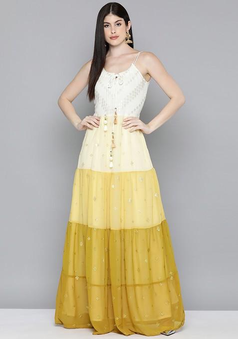 Yellow Embroidered Georgette A Line Maxi Dress